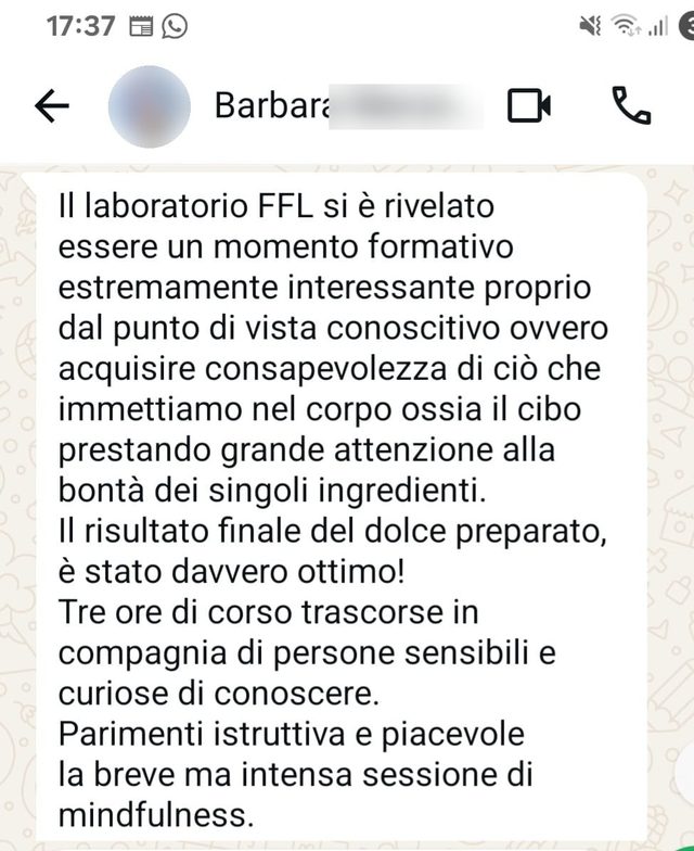 Messaggio di Barbara: il laboratorio è stato un momento formativo per acquisire consapevolezza sul cibo