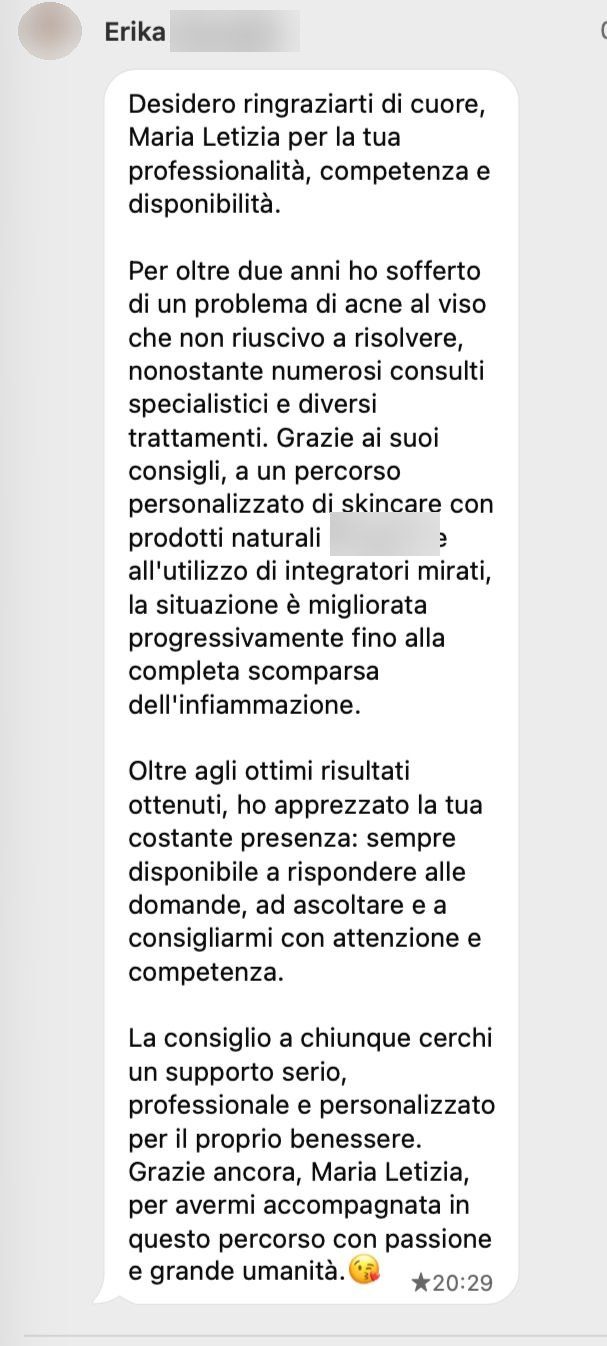 Messaggio di Erika: ringrazia per il percorso personalizzato e la costante presenza