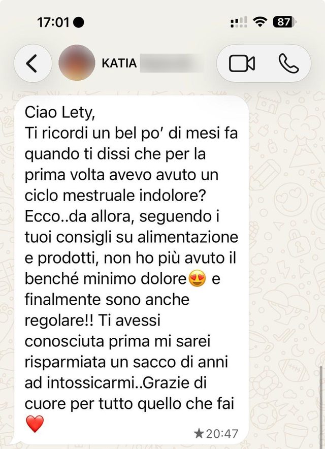 Messaggio di Katia: seguendo i consigli su alimentazione e prodotti sta molto meglio