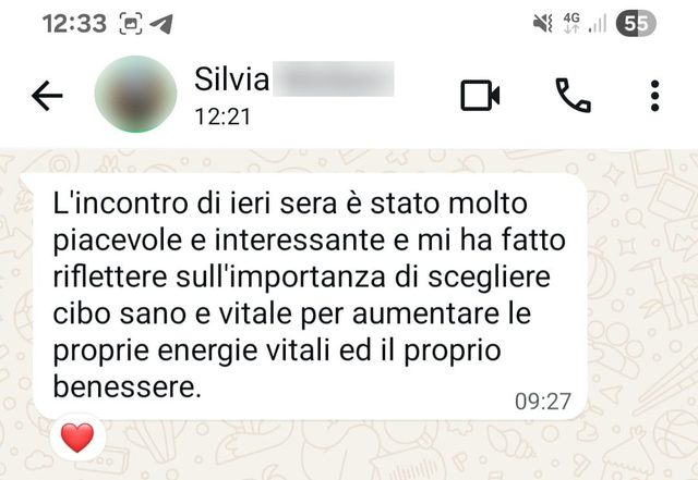 Messaggio di Silvia: l'incontro l'ha fatta riflettere sull'importanza di scegliere cibo sano e vitale